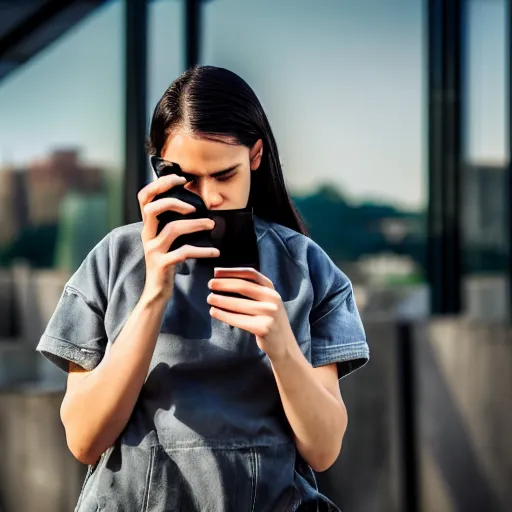 Image similar to candid photographic portrait of a poor techwear mixed young woman using a phone inside a dystopian city, closeup, beautiful garden terraces in the background, sigma 85mm f/1.4, 4k, depth of field, high resolution, 4k, 8k, hd, full color