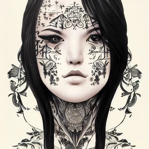 Image similar to tattoo design, stencil, beautiful young female, long dark hair, symmetrical facial features, Japanese, partially clothed in robe, by William-Adolphe Bouguerea and artgerm