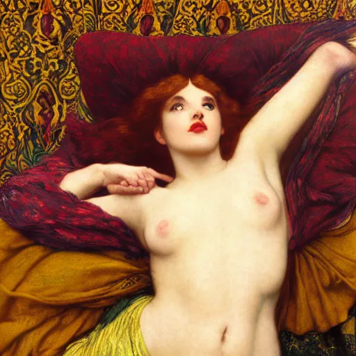 Image similar to preraphaelite photography reclining on bed, a hybrid of judy garland and a hybrid of lady gaga and lucy hale, aged 2 5, big brown fringe, wide shot, yellow ochre ornate medieval dress, john william waterhouse, kilian eng, rosetti, john everett millais, william holman hunt, william morris, 4 k