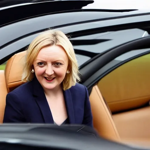 Image similar to liz truss sat in a car looking at a no u turn sign