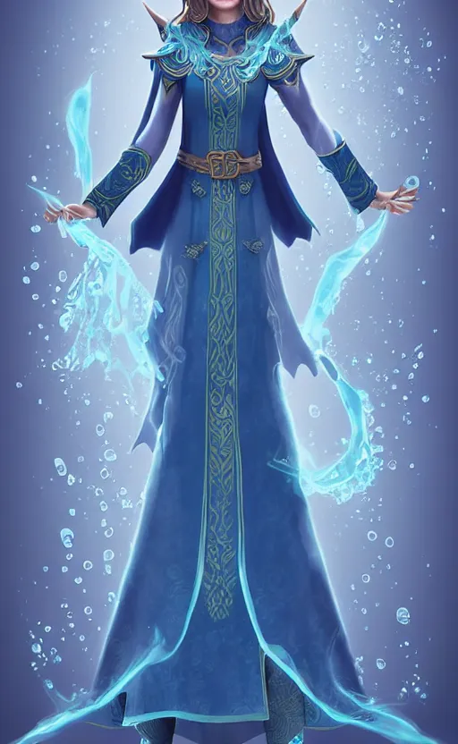 Image similar to elf female sorcerer doing water magic spells, blue robes, exquisite details, full body character design on a white background, by studio muti