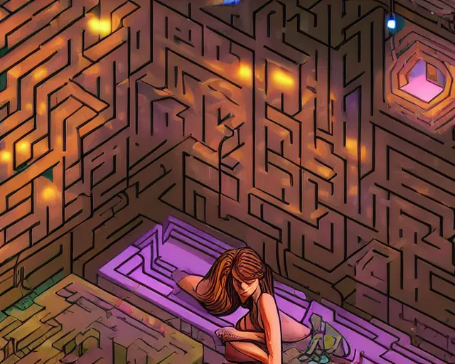 Prompt: interior of an underground maze within a large cyberpunk complex, girl waking up in bed in middle of room. pixelart, brutalism, volumetric lighting, 8 k, art by dan mumford, greg rutowski, johan grenier, wayne barlowe