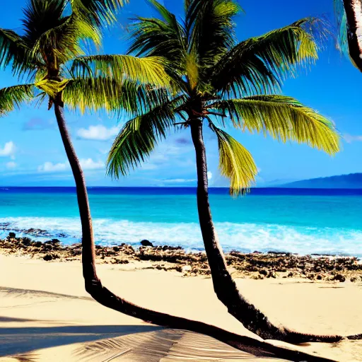 Image similar to a quiet beach in hawaii, pristine, waves, palm trees, sun in the sky, photography