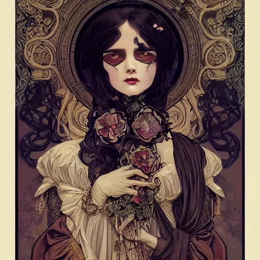 Image similar to girl, dark, epic, comic charector concept, comic, baroque art, Renaissance art, james jean, mucha art nouveau, extremely detailed and intricate, center composition, elegant, extremely contrast, extremely sharp lines, 8k