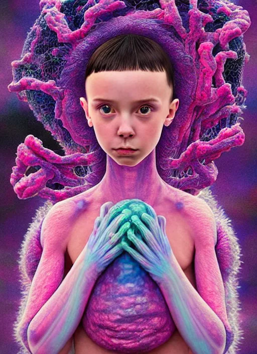 Prompt: hyper detailed 3d render like a Oil painting - kawaii portrait Aurora (an anstronaut girl with skin like a skeksis from dark crystal that looks like millie bobby brown and Krysten Ritter) seen Eating of the Strangling network of yellowcake aerochrome and milky Fruit and His delicate Hands hold of gossamer polyp blossoms bring iridescent fungal flowers whose spores black the foolish stars by Jacek Yerka, Ilya Kuvshinov, Mariusz Lewandowski, Houdini algorithmic generative render, Abstract brush strokes, Masterpiece, Edward Hopper and James Gilleard, Zdzislaw Beksinski, Mark Ryden, Wolfgang Lettl, hints of Yayoi Kasuma, octane render, 8k