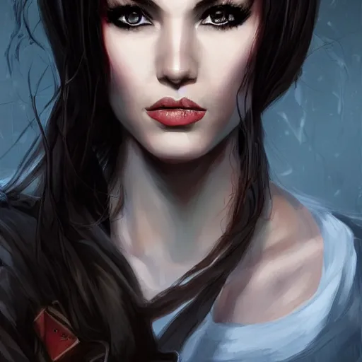 Image similar to portrait of a young woman, long dark hair and an angular face with a scar across the chin. daring and bold, con - artist and spy, beautiful, rpg, dnd, artgerm