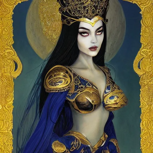 Prompt: painting of junoesque plump priestess of the moon, golden filigree armor and tiara, moon above head, dark blue straight hair, smooth translucent skin, wide striking eyes, beautiful! coherent! by brom, by brian froud, strong line, high contrast, muted color, 4 k, trending on artstation