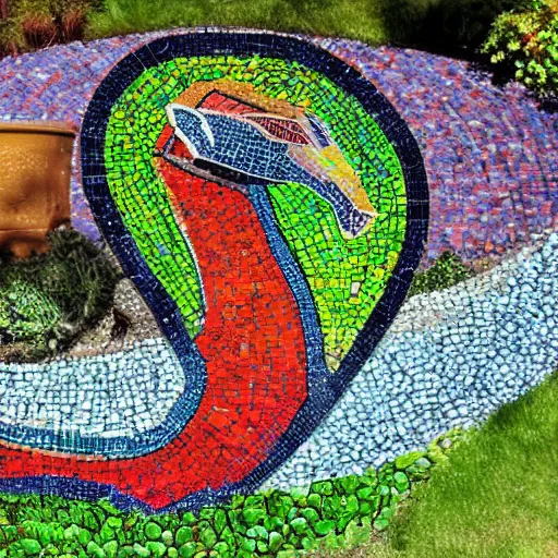 Prompt: garden containing very colorful textured variegated mosaic sculpture of a chimera, in the style of folk art