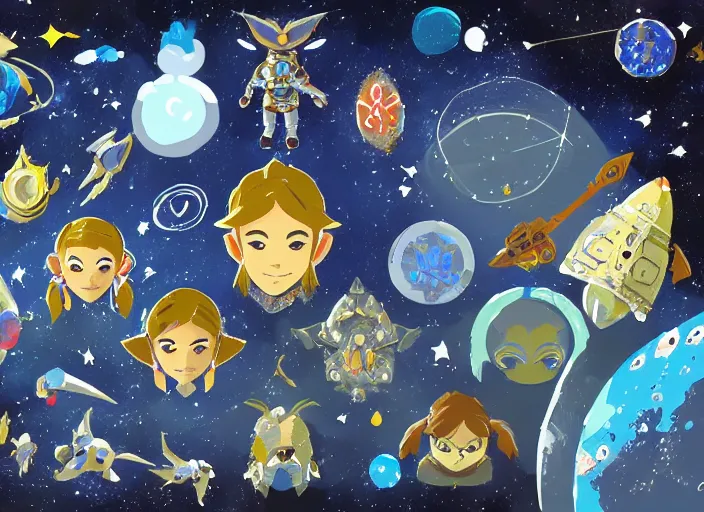 Image similar to breath of the wild, outer space, galaxy, stars, zero gravity, space station, aliens