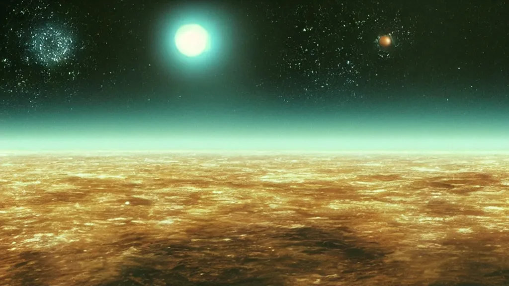 Image similar to a view of a simulated universe from outside the simulation, film still from the movie directed by Denis Villeneuve with art direction by Salvador Dalí, wide lens