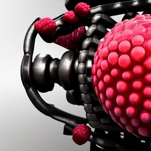 Prompt: a biomechanical raspberry made of metal, reflective, octane render