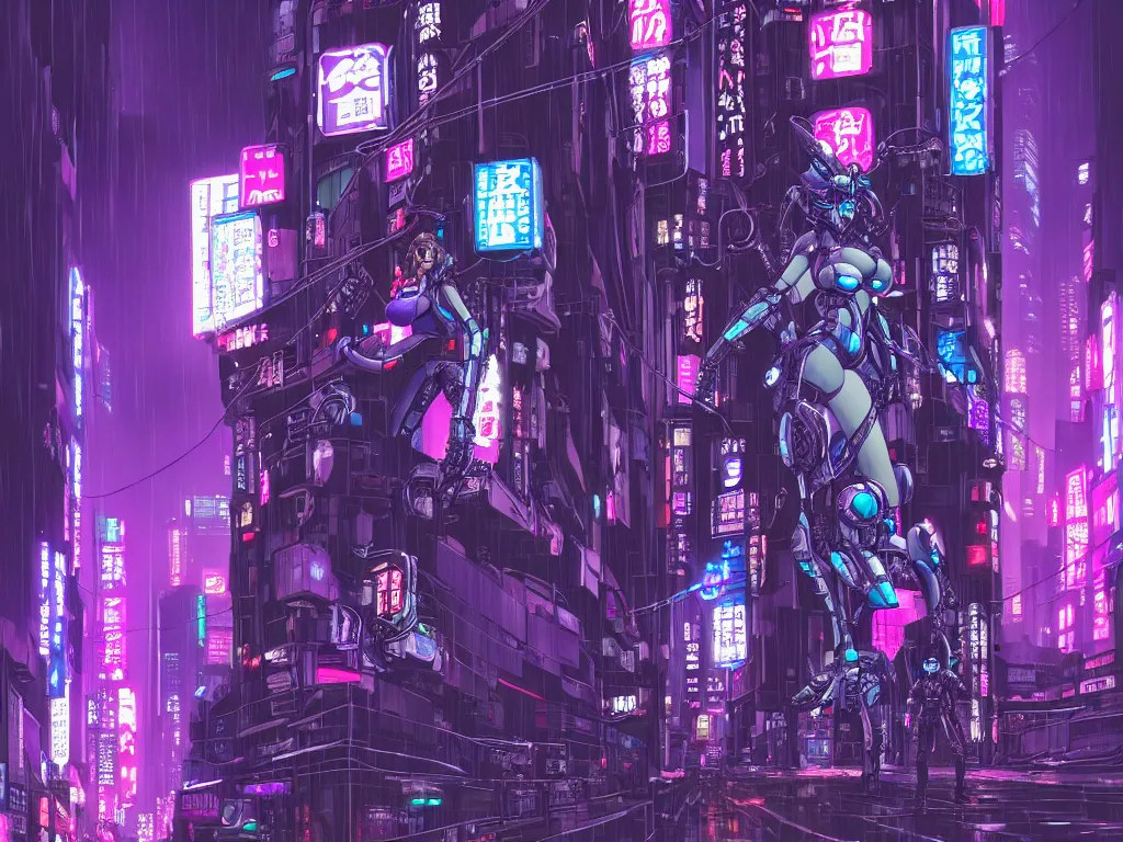 Image similar to high detailed mecha geisha in a cyberpunk rainy city at night by Josan Gonzalez, purple and blue neons, unreal engine, high quality, 4K, UHD, trending on ArtStation, wires, blade runner vibes, ghost in the shell, akira, dorohedoro