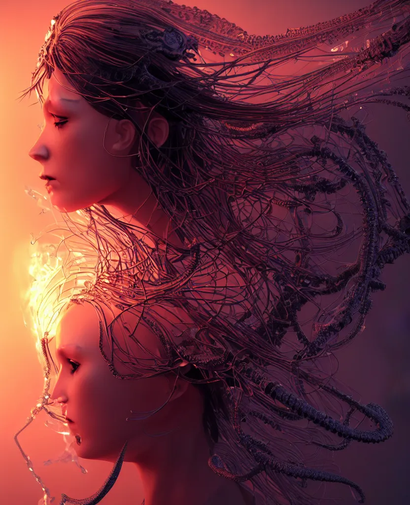 Image similar to close-up portrait of the face of a beautiful gloomy gothic princess, epic angle and pose, symmetrical artwork, 3d with depth of field, blurred background, cybernetic jellyfish female face skull phoenix bird, translucent, nautilus, energy flows of water and fire. a highly detailed epic cinematic concept art CG render. made in Maya, Blender and Photoshop, octane render, excellent composition, cinematic dystopian brutalist atmosphere, dynamic dramatic cinematic lighting, aesthetic, very inspirational, arthouse. y Greg Rutkowski, Ilya Kuvshinov, WLOP, Stanley Artgerm Lau, Ruan Jia and Fenghua Zhong