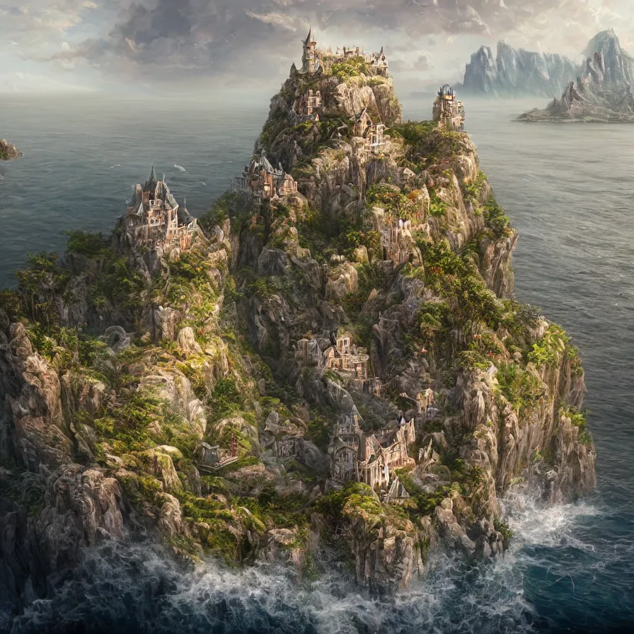 Image similar to fantasy painting of a castle on the edge of a cliff overseeing a vast ocean, complex, detailed, intricate abstract. delicate artwork. by Tooth Wu, wlop, beeple, dan mumford. octane render, trending on artstation, greg rutkowski very coherent symmetrical artwork. cinematic, hyper realism, high detail, octane render, 8k, depth of field, bokeh. chrome accents.