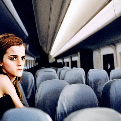 Prompt: emma watson, inside airplane, film still, fujifilm reala, low tonal contrast,