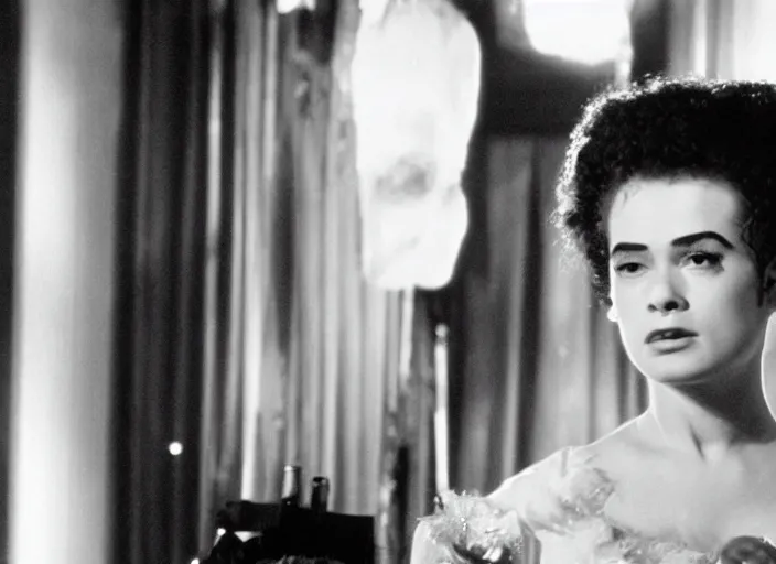 Image similar to bride of frankenstein as a teen, still from john hughes movie sixteen candles