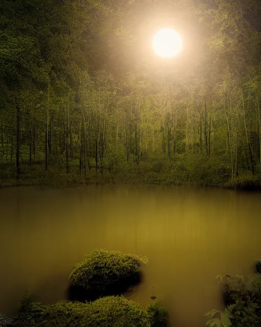 Image similar to a mystical pond in the middle of a lush forest at night during an eclipse, minimalist design, dark and dim lighting, beautiful, tranquil, moody, cinematic, fantasy, 3 5 mm lens, volumetric lighting, first person view, photographic render, hyper realistic