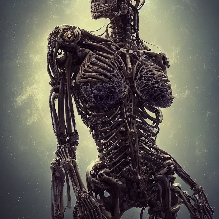 Prompt: cybernetic skeleton babe. burning distortions. dusty distortions. intricate abstract. intricate artwork. by Tooth Wu, wlop, beeple, dan mumford. octane render, trending on artstation, greg rutkowski very coherent symmetrical artwork. cinematic, hyper realism, high detail, octane render, 8k, iridescent accents