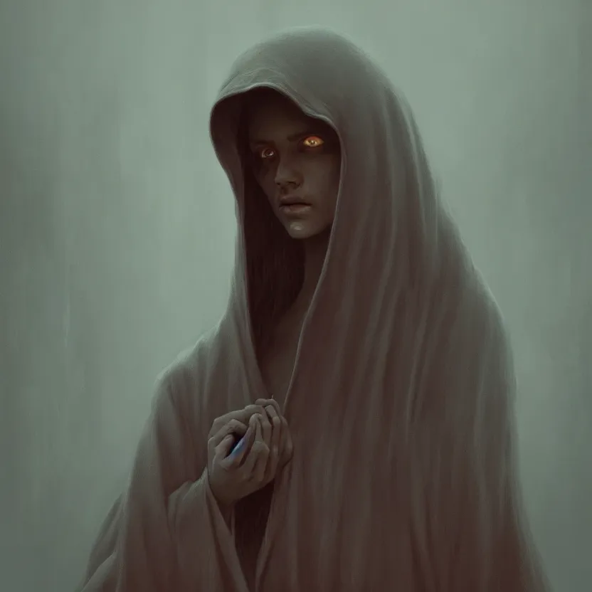 Image similar to A young woman wearing a hooded robe, anatomically correct, perfect face, cinematic lighting, candid, intricate, elegant, highly detailed digital painting, trending on Artstation, concept art, smooth, sharp focus, illustration and art by Beksinski, by Simon Stalenhag