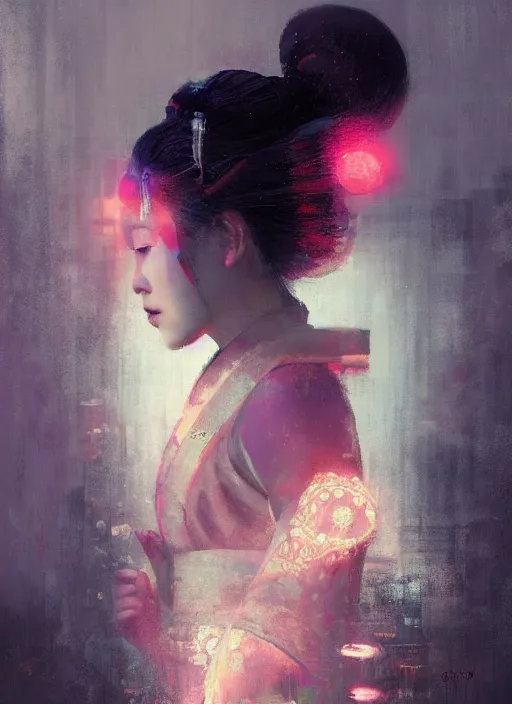 Image similar to female geisha girl, beautiful face, neon, rule of thirds, intricate outfit, spotlight, by greg rutkowski, by jeremy mann, digital painting