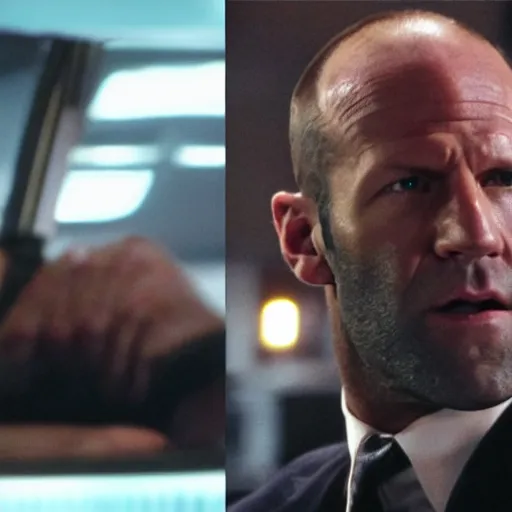 Image similar to film still of jason statham as cop in diehard movie, cinematic screen, middle shot