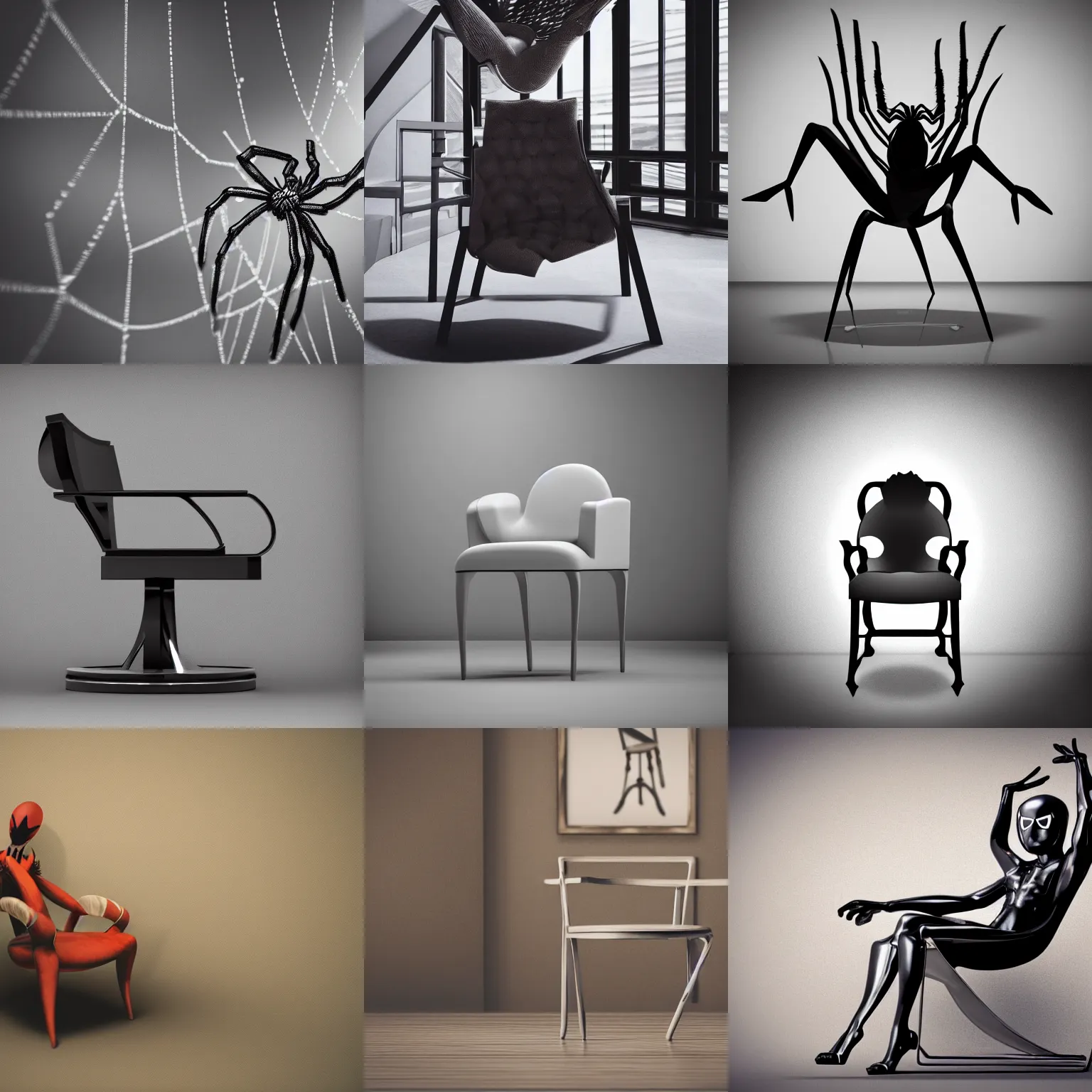 Prompt: spider sitting in designer chair, cinematic, realistic