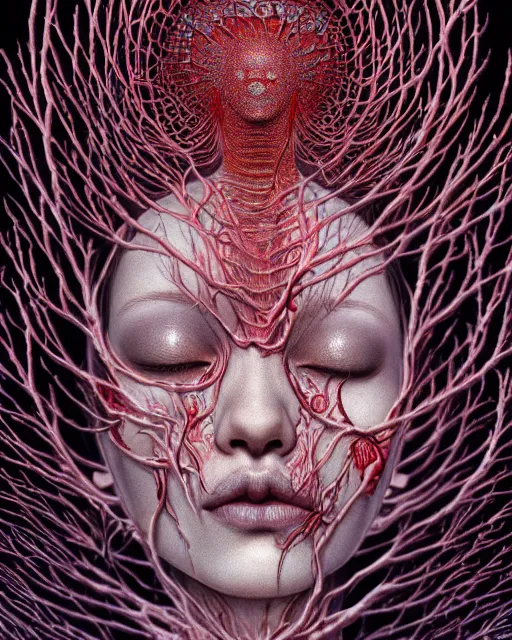 Image similar to realistic detailed image of skin ripping off the body, conjuring psychedelic background, part by takato yamamoto, part by alex gray, ross tran, james jean, ultra realistic, octane render, highly detailed, 8 k, trending on artstation, cosmic, symmetry, masterpiece