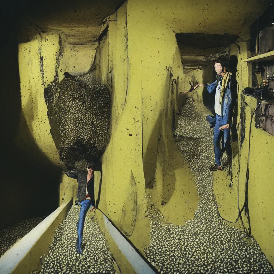 Image similar to 7 0 s movie still large shot of a skinny man with trypophobia in a yellow wall soviet tunnel, cinestill 8 0 0 t 3 5 mm eastmancolor, heavy grain, high quality, high detail