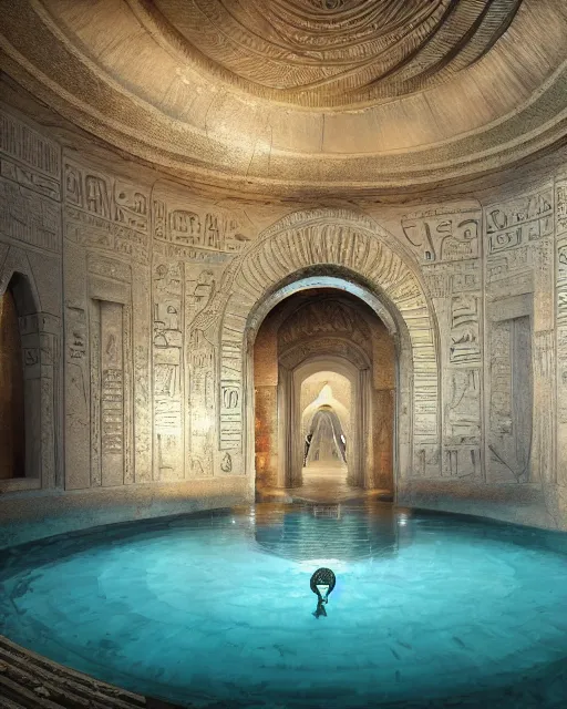 Image similar to greg rutkowski digital painting of an ornate and royal egyptian antechamber tomb, a circular pool in the tomb showing the galaxy, unreal engine, hyper realism, realistic shading, cinematic composition, blender render, octane render, hdr, detailed textures, photorealistic, ultrawide shot, 3 5 mm film