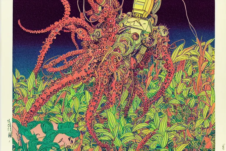 Image similar to risograph grainy drawing vintage sci - fi, satoshi kon color palette, gigantic gundam full - body covered with iridescent worms and plants 1 9 6 0, kodak, with lot tentacles and exotic flowers, natural colors, codex seraphinianus painting by moebius and satoshi kon and dirk dzimirsky