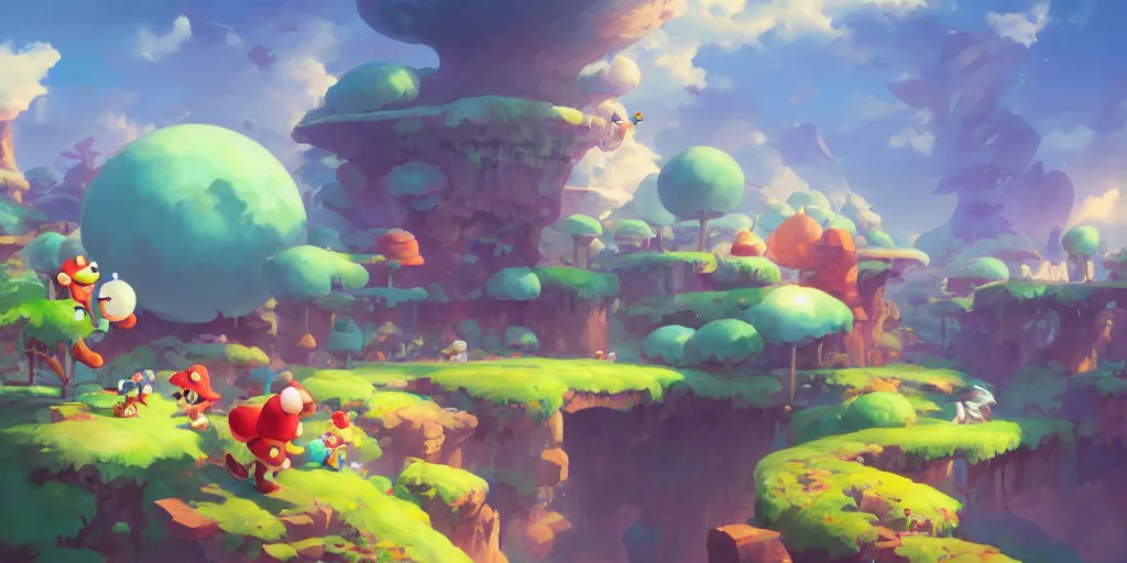 Image similar to dynamics matte painting acrylic blur oil marioworld wonderland yoshi kurbi dofus, behance hd by jesper ejsing, by rhads, makoto shinkai and lois van baarle, ilya kuvshinov, rossdraws global illumination