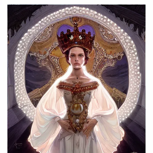 Image similar to a realistic symmetrical queen with a decorated dress made of white pearls , highly detailed, digital painting, Trending on artstation , HD quality, by artgerm and greg rutkowski and alphonse mucha, dramatic light, octane