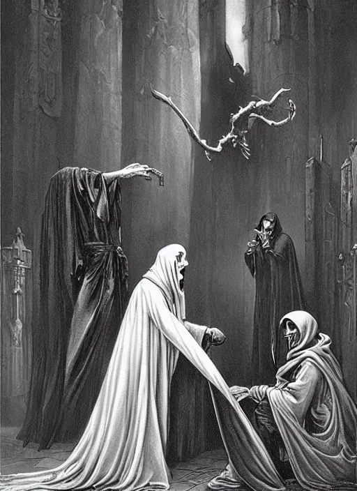 Prompt: the grim reaper meetup with dracula. gustave dore and anne stokes,