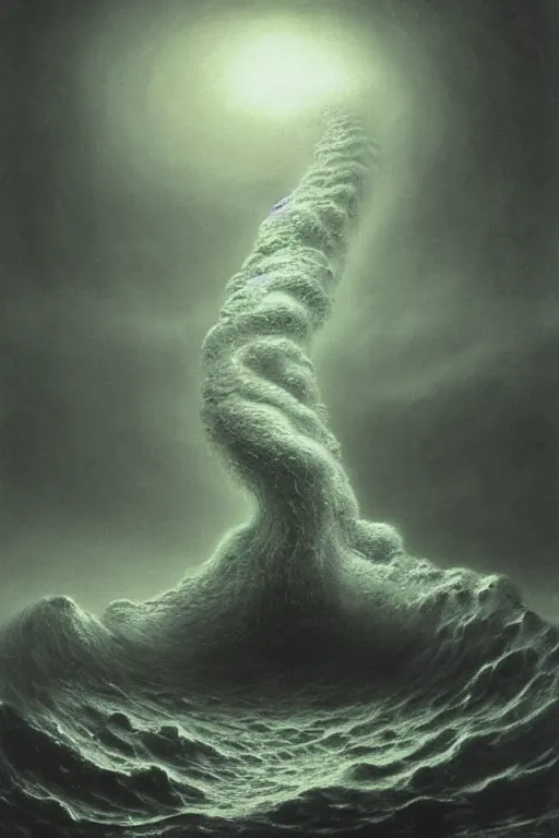 Image similar to A stunning highly detailed Shoggoth by Zdzisław Beksiński, stormy ocean, beautiful lighting, detailed swirling water tornado, artstation