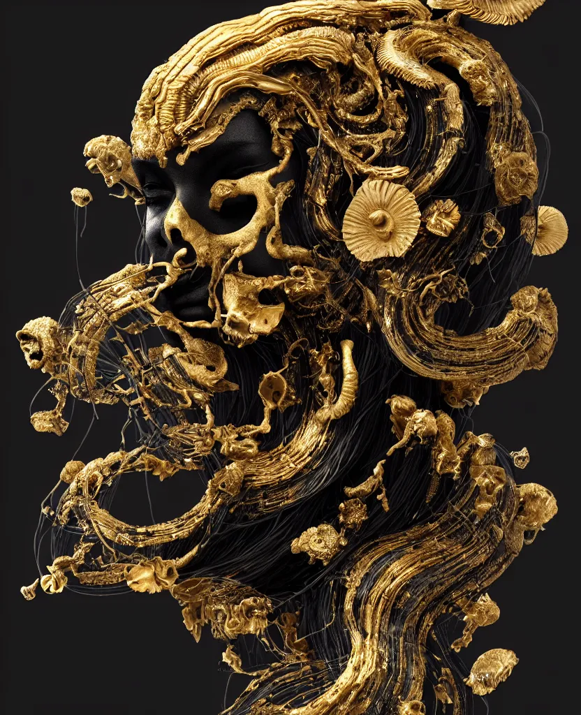 Image similar to black background. goddess princess face close-up portrait ram skull. sculpture made of gold and black charcoal. jellyfish phoenix head, nautilus, orchid, skull, betta fish, bioluminiscent creatures, intricate artwork by Tooth Wu and wlop and beeple. octane render, trending on artstation, greg rutkowski very coherent symmetrical artwork. cinematic, hyper realism, high detail, octane render, 8k