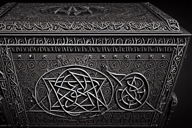 Prompt: an ancient ornate intricate old spell satanic coffin with the sigil symbol of evil emblazoned on the cover, cinematic, realistic, intricate detail, finely detailed, small details, extra detail, photorealistic, high resolution, 3 d, pbr, path tracing, volumetric lighting, octane render, arnold render, 8 k