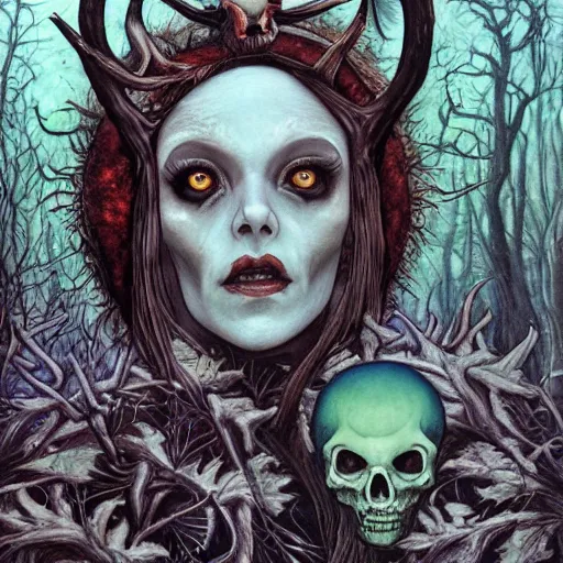 Image similar to an epic horrific wiccan gothic painting of a mother - nature witch cult woman wearing a deer skull, in a moonlit forest by gerald brom by junji ito by vanessa lemen by charlie bowater