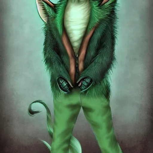 Image similar to Beautiful digital painting, anthro anthropomorphic pastel-green androgynous wolf, Punk outfit. lake