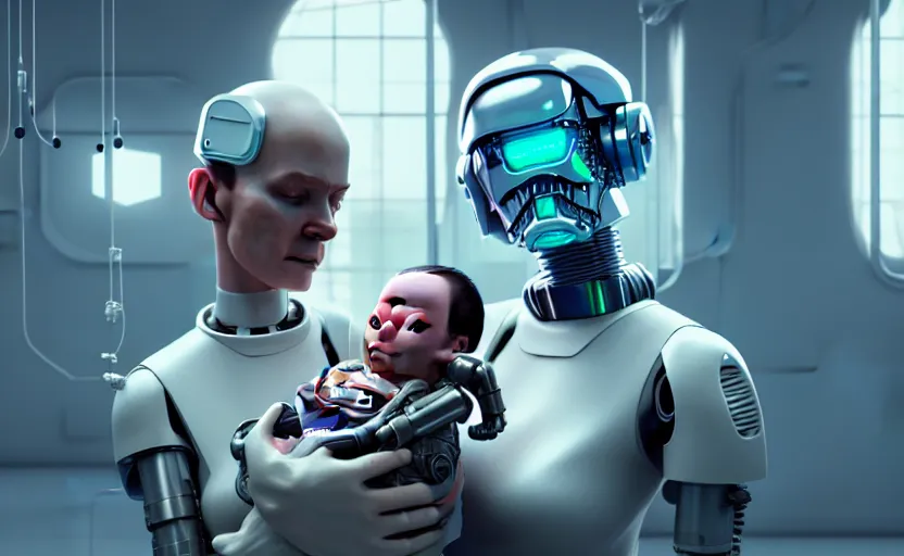 Image similar to a very realistic movie still of a cyborg woman holding a new born cyborg baby in a cyborg factory lab, highly detailed render by beeple, syd meade, starwars, space art concept, sci - fi, digital art, unreal engine, wlop, trending on artstation, 4 k uhd image, octane render