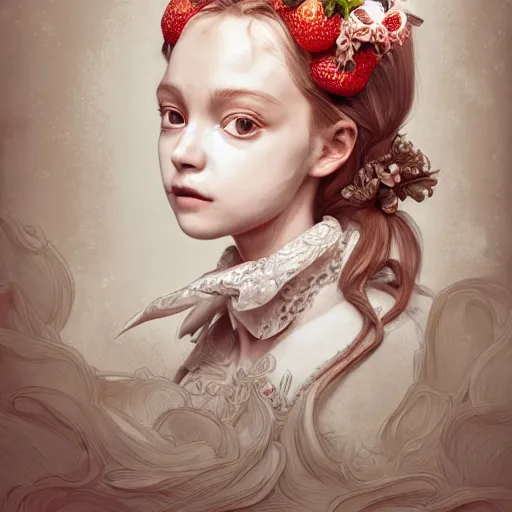 Image similar to the portrait of an absurdly beautiful, graceful, elegant, sophisticated, fashionable little girl made of strawberries and white petals looking down, an ultrafine hyperdetailed illustration by kim jung gi, irakli nadar, intricate linework, bright colors, octopath traveler, final fantasy, unreal engine 5 highly rendered, global illumination, radiant light, detailed and intricate environment