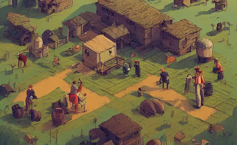 Image similar to people farming on a farm, small village, moebius, james gilleard, print, game art, storybook