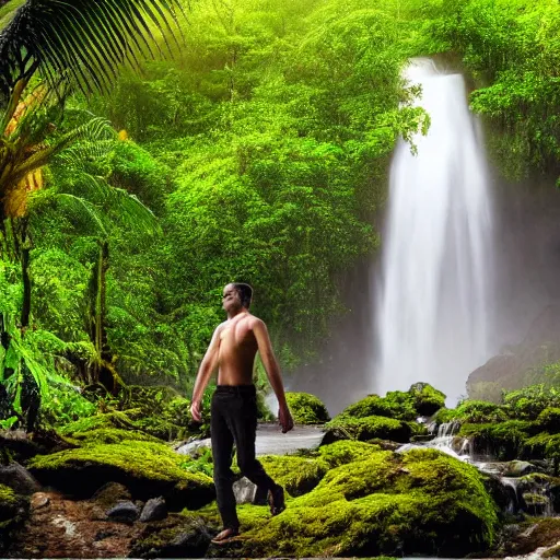 Image similar to 4 k realistic photo of a man walking through a jungle, lush rainforest, waterfall in the background,