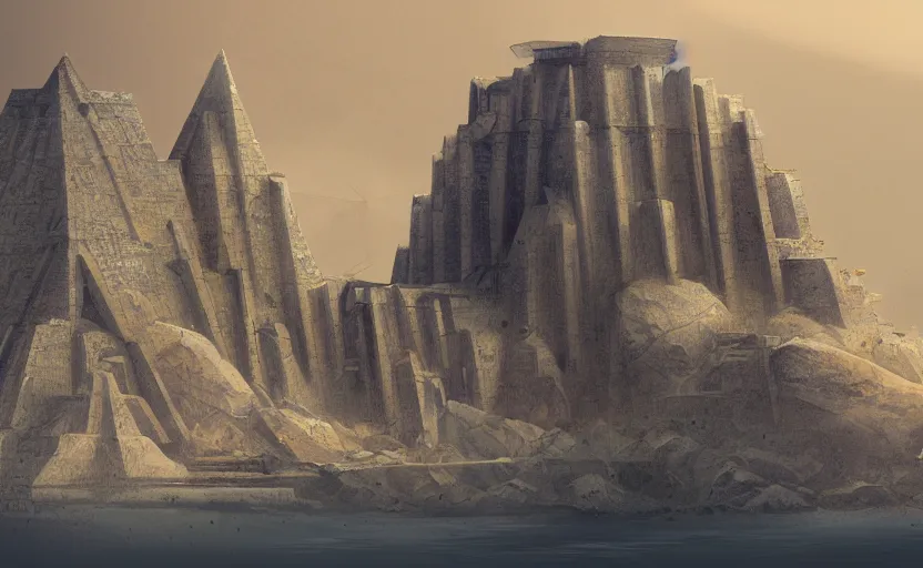 Prompt: ziggurat frontview, sandstorm, high rocks, highly detailed, digital painting, angular architecture, artstation, concept art, sharp focus, illustration, aleksi briclot