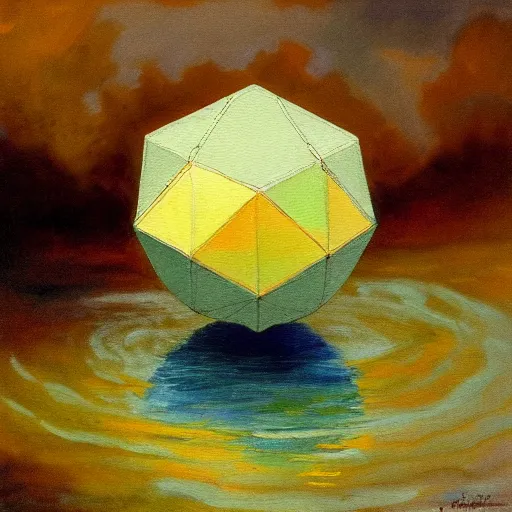 Image similar to an oil painting of an icosahedron floating above a lake