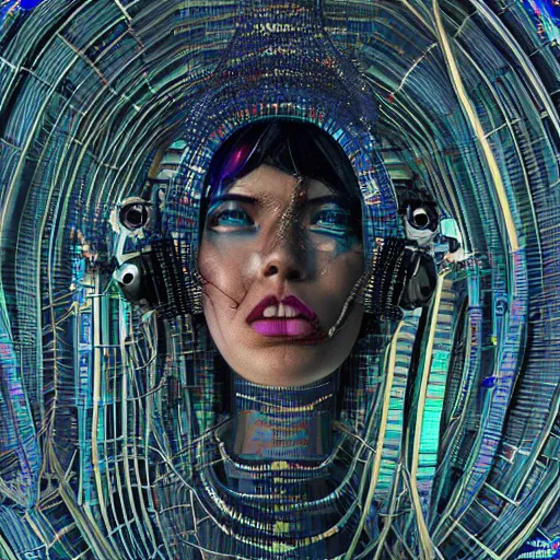 Prompt: space station on the moon, piles of modular synth cables mixed with mangrove roots, kawaii puerto rican goddess staring through your soul wearing a headpiece made of circuit boards, by cameron gray, wlop, stanley kubrick, masamune, hideki anno, jamie hewlett, unique perspective, eastman color, trending on artstation, cinematic, 3 d render, muted neon