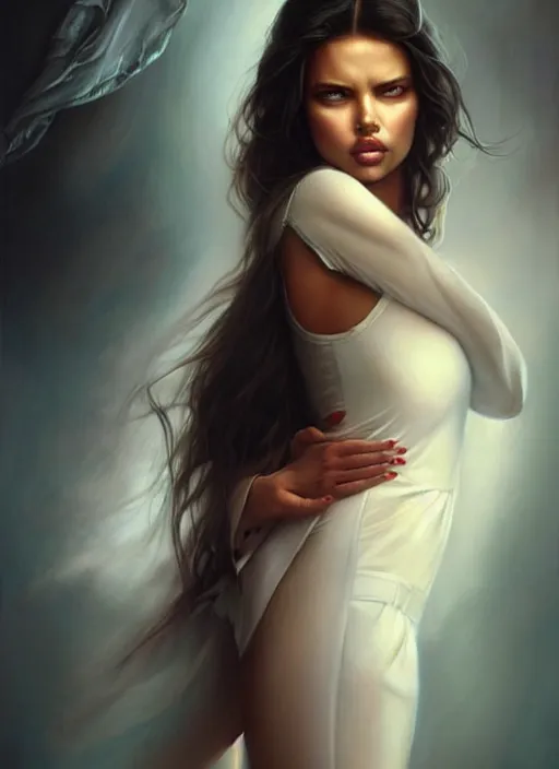 Image similar to a beautiful woman with nurse uniform, adriana lima, painted by artgerm and tom bagshaw, fantasy art, dramatic lighting, highly detailed oil painting