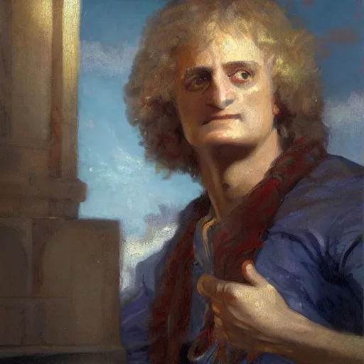 Prompt: portrait of isaac newton using a vr, artwork by gaston bussiere, craig mullins, trending on artstation