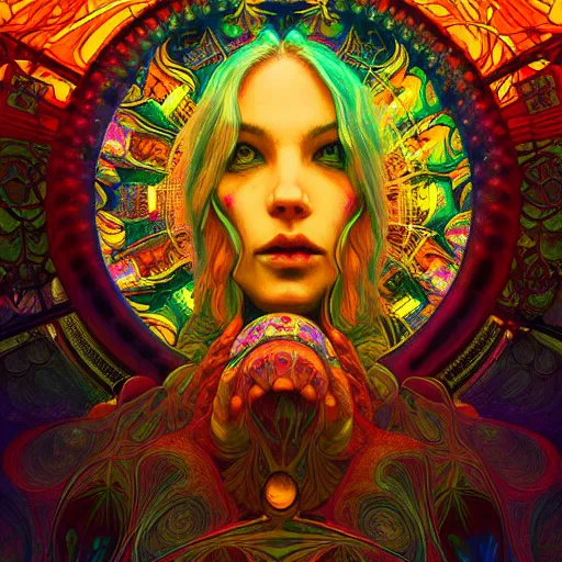 Image similar to An extremely psychedelic experience, colorful, surreal, dramatic lighting, magic mushrooms, psilocybin, LSD, face, detailed, intricate, elegant, highly detailed, digital painting, artstation, concept art, smooth, sharp focus, illustration, art by Krenz Cushart and Artem Demura and alphonse mucha