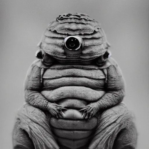 Prompt: tardigrade!!! daguerreotype portrait photograph. inspired by gerard grom and ansel adams. beautiful. cute. happy. highly detailed. old timey.