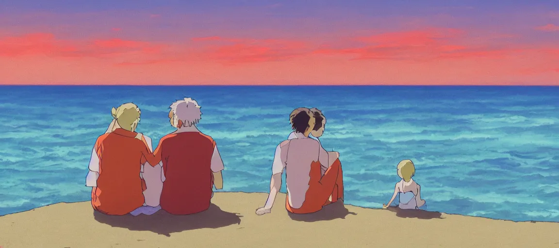 Prompt: a couple watching the sunset by the beach, by Studio Ghibli